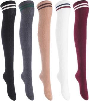 Lian LifeStyle Exquisite Big Girl's Women's 5 Pairs Thigh High Cotton Socks. Super Comfortable Female Socks in Vibrant Colors Size 6-9 L1023(Blk,DG,Kaki,Wite,Wine)