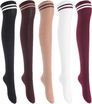 Lian LifeStyle Women's 5 Pairs Adorable Comfortable Soft Thigh High Over Knee High Cotton Socks Size 6-9 L1023(Black,Cofe,Khaki,White,Wine)