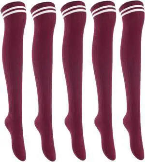 Lian LifeStyle Women's 5 Pairs Adorable Comfortable Soft Thigh High Over Knee High Cotton Socks Size 6-9 L1023(Wine)