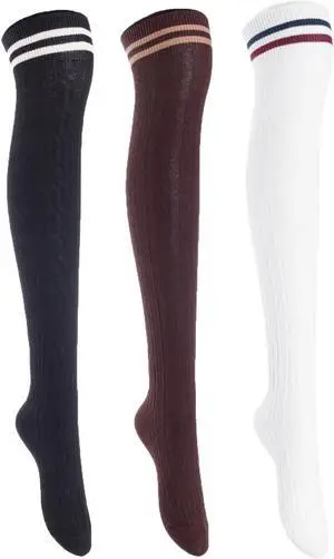 Lian LifeStyle Women's 3 Pairs Adorable Comfortable Soft Thigh High Over Knee High Cotton Socks Size 6-9 L1023(Black,Coffee,White)