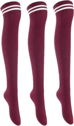 Lian LifeStyle Women's 3 Pairs Adorable Comfortable Soft Thigh High Over Knee High Cotton Socks Size 6-9 L1023(Wine)