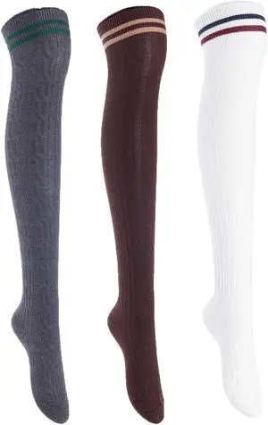 Lian LifeStyle Women's 3 Pairs Adorable Comfortable Soft Thigh High Over Knee High Cotton Socks Size 6-9 L1023(DarkGrey,Coffee,White)