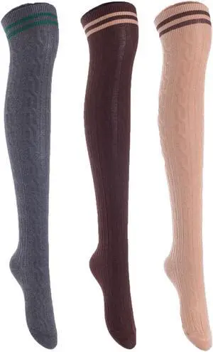 Lian LifeStyle Women's 3 Pairs Adorable Comfortable Soft Thigh High Over Knee High Cotton Socks Size 6-9 L1023(DarkGrey,Coffee,Khaki)
