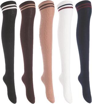 Lian LifeStyle Exquisite Big Girl's Women's 5 Pairs Thigh High Cotton Socks. Super Comfortable Female Socks in Vibrant Colors Size 6-9 L1023(Blk,Cof,Kaki,Wite,Nvy)