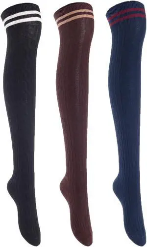 Lian LifeStyle Women's 3 Pairs Adorable Comfortable Soft Thigh High Over Knee High Cotton Socks Size 6-9 L1023(Black,Coffee,Navy)