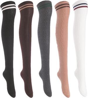 Lian LifeStyle Women's 5 Pairs Adorable Comfortable Soft Thigh High Over Knee High Cotton Socks Size 6-9 L1023(Black,Coffee,DG,Khaki,White)