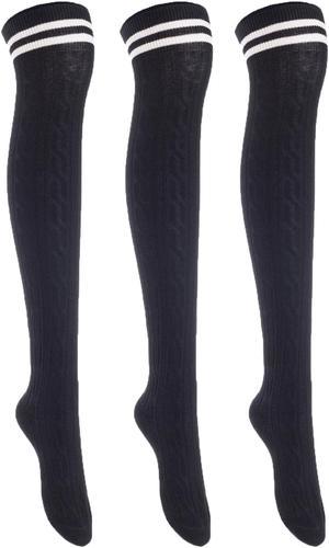 Lian LifeStyle Exquisite Big Girl's Women's 3 Pairs Thigh High Cotton Socks. Super Comfortable Female Socks in Vibrant Colors Size 6-9 L1023(Black)