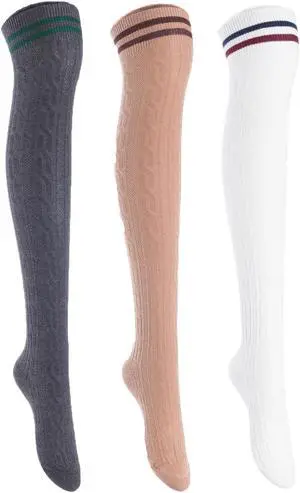 Lian LifeStyle Women's 3 Pairs Adorable Comfortable Soft Thigh High Over Knee High Cotton Socks Size 6-9 L1023(DarkGrey,Khaki,White)