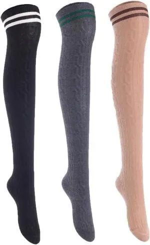 Lian LifeStyle Women's 3 Pairs Adorable Comfortable Soft Thigh High Over Knee High Cotton Socks Size 6-9 L1023(Black,DarkGrey,Kakhi)