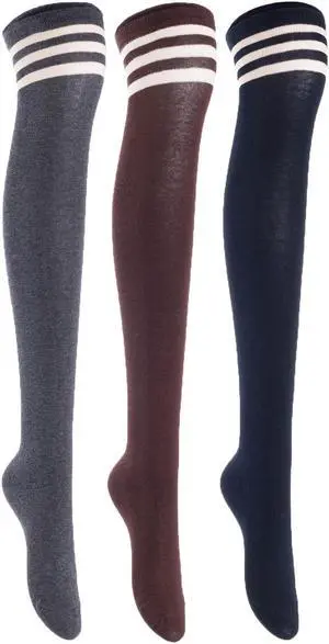 Lian LifeStyle Women's 3 Pairs Adorable Comfortable Soft Thigh High Over Knee High Cotton Socks Size 6-9 L1022(Dark Grey, Coffee, Navy)