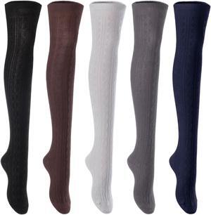 Lian LifeStyle Women's 5 Pairs Adorable Comfortable Soft Thigh High Over Knee High Cotton Socks Size 6-9 L1024(Black,Coffee,Grey,DG,Navy)