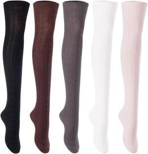 Lian LifeStyle Women's 5 Pairs Adorable Comfortable Soft Thigh High Over Knee High Cotton Socks Size 6-9 L1024(Blak,Coffee,DG,Cream,Beige)