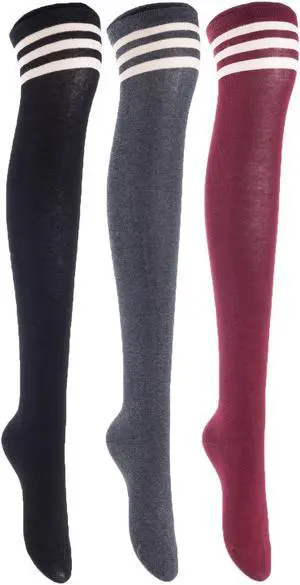 Lian LifeStyle Women's 3 Pairs Adorable Comfortable Soft Thigh High Over Knee High Cotton Socks Size 6-9 L1022(Black, Dark Grey, Wine)