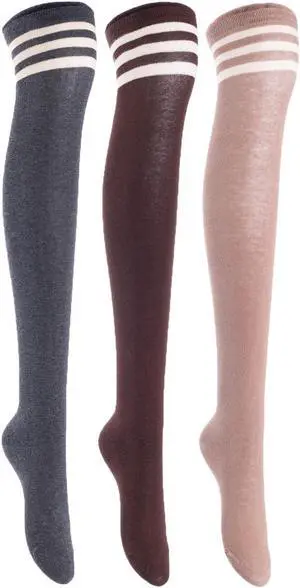 Lian LifeStyle Exquisite Big Girl's Women's 3 Pairs Super Comfortable Thigh High Cotton Socks in Vibrant Unique Colors Size 6-9 L1022(DG,Cofe,Khaki)