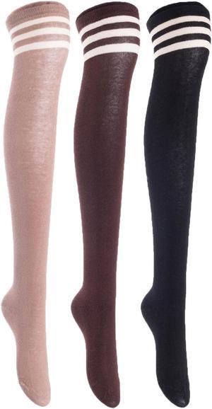 Lian LifeStyle Women's 3 Pairs Adorable Comfortable Soft Thigh High Over Knee High Cotton Socks Size 6-9 L1022(Black, Coffee, Khaki)