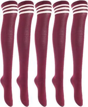 Lian LifeStyle Exquisite Big Girl's Women's 5 Pairs Super Comfortable Thigh High Cotton Socks in Vibrant Unique Colors Size 6-9 L1022(Wine)