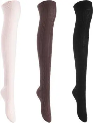 Lian LifeStyle Women's 3 Pairs Adorable Comfortable Soft Thigh High Over Knee High Cotton Socks Size 6-9 L1024 (Black,Coffee,Beige)