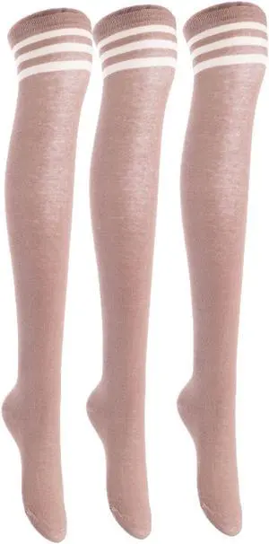 Lian LifeStyle Women's 3 Pairs Adorable Comfortable Soft Thigh High Over Knee High Cotton Socks Size 6-9 L1022(Khaki)
