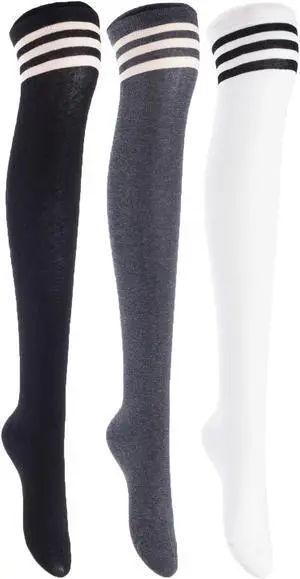 Lian LifeStyle Women's 3 Pairs Adorable Comfortable Soft Thigh High Over Knee High Cotton Socks Size 6-9 L1022(Black, Dark Grey, White)