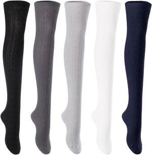 Lian LifeStyle Women's 5 Pairs Adorable Comfortable Soft Thigh High Over Knee High Cotton Socks Size 6-9 L1024(Black,DG,Grey,Cream,Navy)