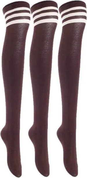Lian LifeStyle Exquisite Big Girl's Women's 3 Pairs Super Comfortable Thigh High Cotton Socks in Vibrant Unique Colors Size 6-9 L1022(Coffee)