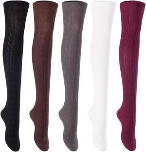 Lian LifeStyle Women's 5 Pairs Adorable Comfortable Soft Thigh High Over Knee High Cotton Socks Size 6-9 L1024(Black,Coffee,DG,Cream,Wine)