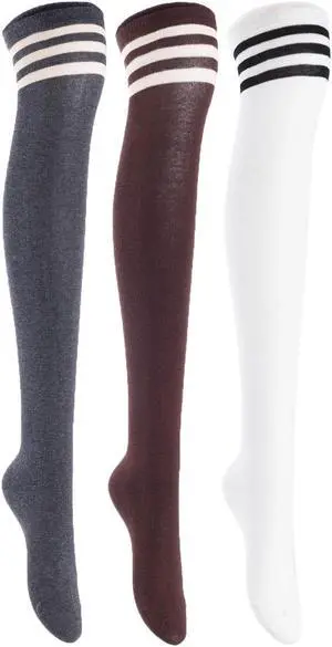 Lian LifeStyle Women's 3 Pairs Adorable Comfortable Soft Thigh High Over Knee High Cotton Socks Size 6-9 L1022(Dark Grey, Coffee, White)