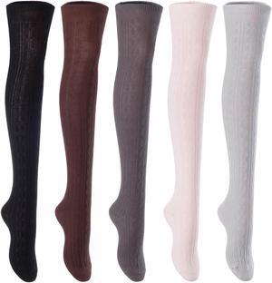 Lian LifeStyle Women's 5 Pairs Adorable Comfortable Soft Thigh High Over Knee High Cotton Socks Size 6-9 L1024(Black,Coffee,DG, Beige,Grey)