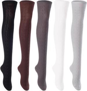Lian LifeStyle Women's 5 Pairs Adorable Comfortable Soft Thigh High Over Knee High Cotton Socks Size 6-9 L1024(Black,Coffee,DG,Cream,Grey)