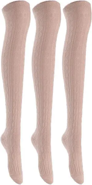 Lian LifeStyle Women's 3 Pairs Adorable Comfortable Soft Thigh High Over Knee High Cotton Socks Size 6-9 L1024(Beige)