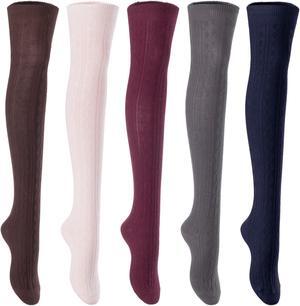 Lian LifeStyle Women's 5 Pairs Adorable Comfortable Soft Thigh High Over Knee High Cotton Socks Size 6-9 L1024(Coffee,Beige,Wine,DG,Navy)