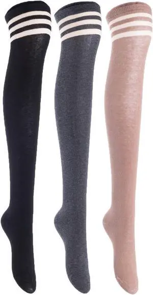 Lian LifeStyle Women's 3 Pairs Adorable Comfortable Soft Thigh High Over Knee High Cotton Socks Size 6-9 L1022(Black, Dark Grey, Kakhi)