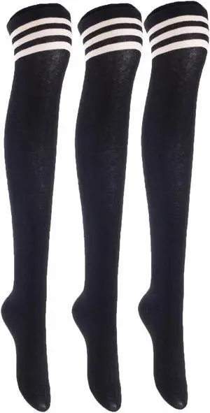 Lian LifeStyle Exquisite Big Girl's Women's 3 Pairs Super Comfortable Thigh High Cotton Socks in Vibrant Unique Colors Size 6-9 L1022(Black)