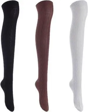 Lian LifeStyle Exquisite Big Girl's Women's 3 Pairs Thigh High Cotton Socks. Super Comfortable Female Socks in Vibrant Colors 6-9 L1024 (Black,Coffee,Grey)