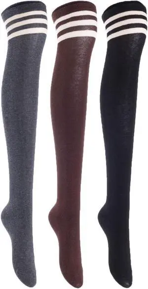 Lian LifeStyle Women's 3 Pairs Adorable Comfortable Soft Thigh High Over Knee High Cotton Socks Size 6-9 L1022(Black, Coffee, Dark Grey)