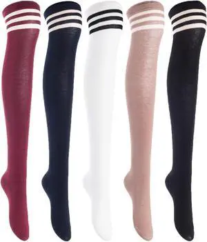 Lian LifeStyle Exquisite Big Girl's Women's 5 Pairs Super Comfortable Thigh High Cotton Socks in Vibrant Unique Colors Size 6-9 L1022(Blk,Kaki,Wite,Nvy,Wine)
