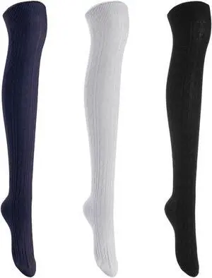 Lian LifeStyle Women's 3 Pairs Adorable Comfortable Soft Thigh High Over Knee High Cotton Socks Size 6-9 L1024 (Black,Grey,Navy)