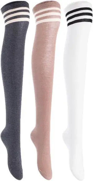 Lian LifeStyle Women's 3 Pairs Adorable Comfortable Soft Thigh High Over Knee High Cotton Socks Size 6-9 L1022(Dark Grey, Kakhi, White)