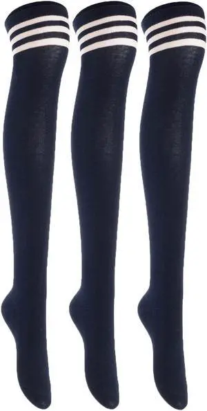 Lian LifeStyle Exquisite Big Girl's Women's 3 Pairs Super Comfortable Thigh High Cotton Socks in Vibrant Unique Colors Size 6-9 L1022(Navy)