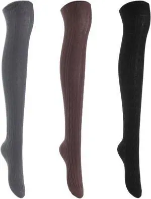 Lian LifeStyle Women's 3 Pairs Adorable Comfortable Soft Thigh High Over Knee High Cotton Socks Size 6-9 L1024 (Black,Coffee,Dark Grey)