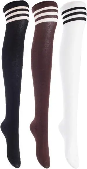 Lian LifeStyle Women's 3 Pairs Adorable Comfortable Soft Thigh High Over Knee High Cotton Socks Size 6-9 L1022(Black, Coffee, White)
