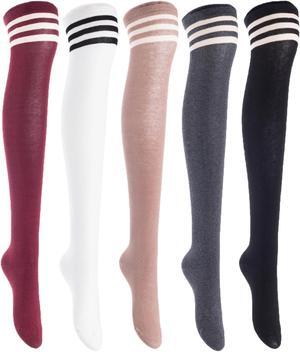 Lian LifeStyle Women's 5 Pairs Adorable Comfortable Soft Thigh High Over Knee High Cotton Socks Size 6-9 L1022(Black,DG,Khaki,White,Wine)