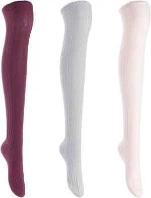 Lian LifeStyle Exquisite Big Girl's Women's 3 Pairs Thigh High Cotton Socks. Super Comfortable Female Socks in Vibrant Colors 6-9 L1024 (Beige,Light Grey,Wine)
