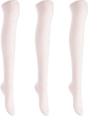 Lian LifeStyle Exquisite Big Girl's Women's 3 Pairs Thigh High Cotton Socks. Super Comfortable Female Socks in Vibrant Colors 6-9 L1024(Beige)