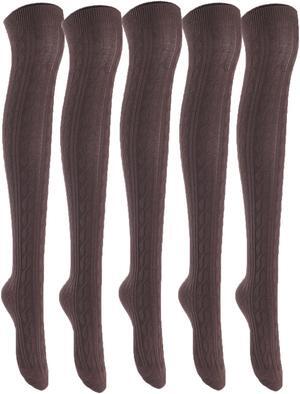 Lian LifeStyle Exquisite Big Girl's Women's 5 Pairs Thigh High Cotton Socks. Super Comfortable Female Socks in Vibrant Colors Size 6-9 L1024 (Coffee)