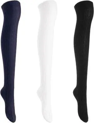 Lian LifeStyle Women's 3 Pairs Adorable Comfortable Soft Thigh High Over Knee High Cotton Socks Size 6-9 L1024 (Black,Cream,Navy)