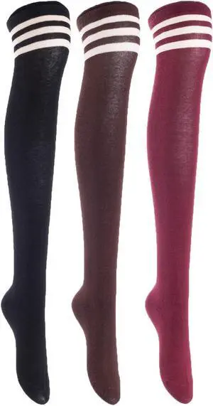 Lian LifeStyle Women's 3 Pairs Adorable Comfortable Soft Thigh High Over Knee High Cotton Socks Size 6-9 L1022(Black, Coffee, Wine)