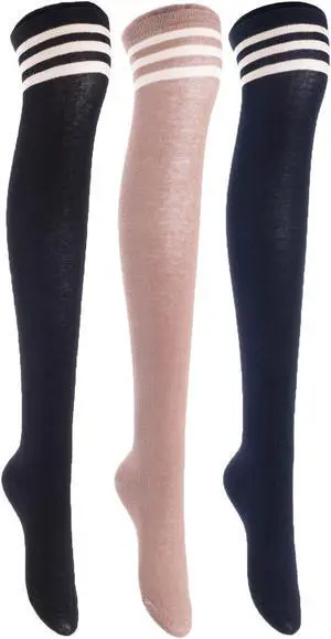 Lian LifeStyle Women's 3 Pairs Adorable Comfortable Soft Thigh High Over Knee High Cotton Socks Size 6-9 L1022(Black, Kakhi, Navy)