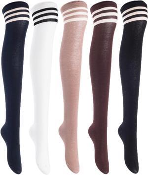 Lian LifeStyle Women's 5 Pairs Adorable Comfortable Soft Thigh High Over Knee High Cotton Socks Size 6-9 L1022(Black,Coffee,Khaki,White,Nvy)
