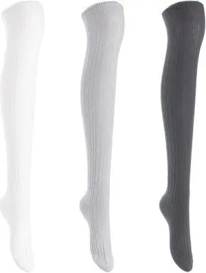 Lian LifeStyle Women's 3 Pairs Adorable Comfortable Soft Thigh High Over Knee High Cotton Socks Size 6-9 L1024 (Dark Grey,Grey,Cream)